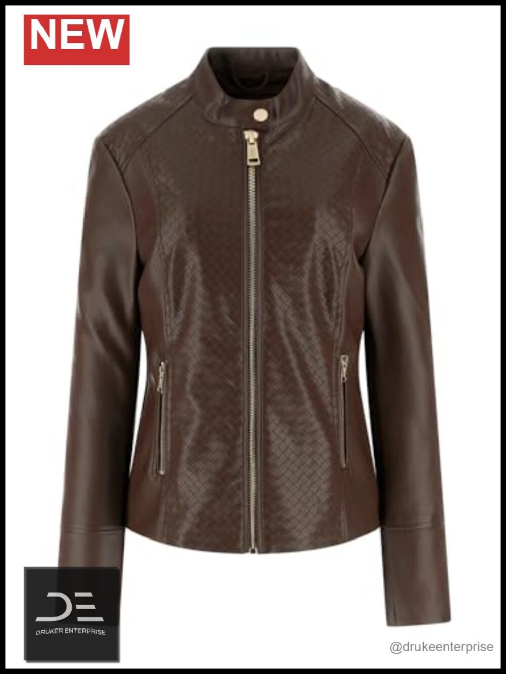 Faux Leather Moto Biker Jacket with Chain Details Zip Cuffs